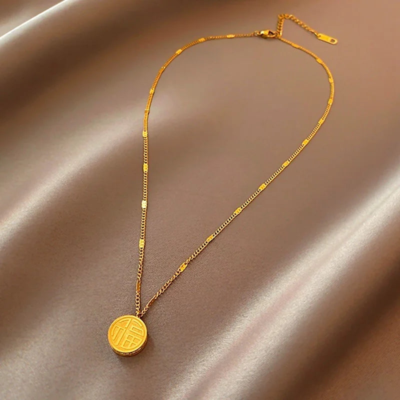 Golden Luck Symbolic Coin Reversible Pendant Chain Necklace