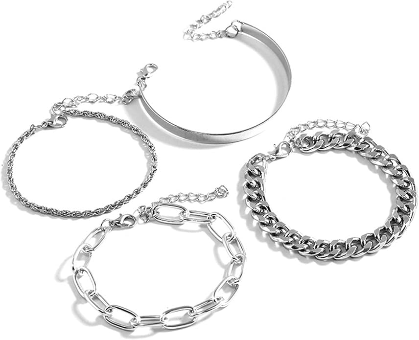 Punk Metal Twist Rope Bracelet 4 Piece Silver Set