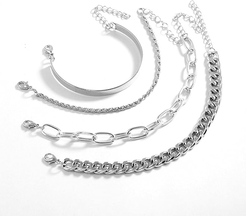 Punk Metal Twist Rope Bracelet 4 Piece Silver Set