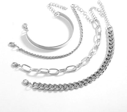 Punk Metal Twist Rope Bracelet 4 Piece Silver Set