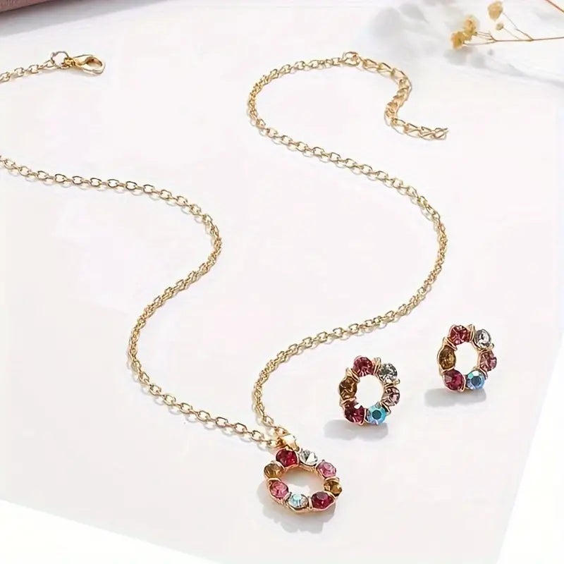 Floral Multi Color Rhinestone Earring Pendant Set