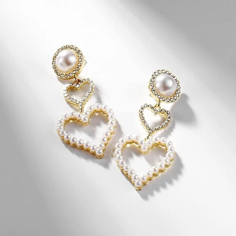 Gold Pearl Heart Drop Earrings