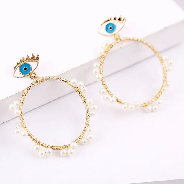 Blue Eye Big Circle Drop Earrings with Imitation Pearl