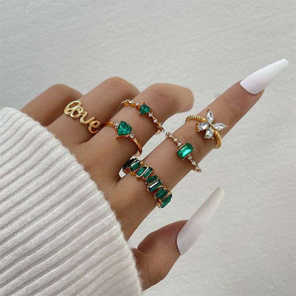 6Pcs/Set Retro Green Gemstone Rings