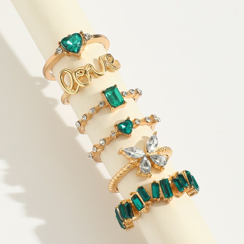 6Pcs/Set Retro Green Gemstone Rings