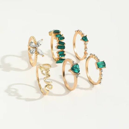 6Pcs/Set Retro Green Gemstone Rings