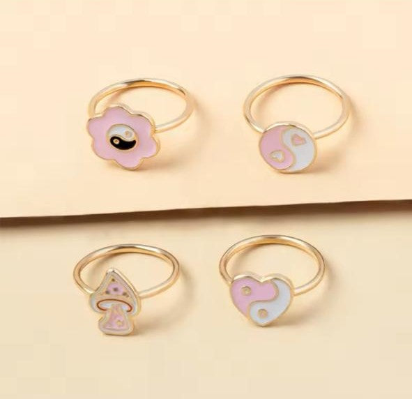 4 Pcs/Set Pink Yin & Yang Heart Rings