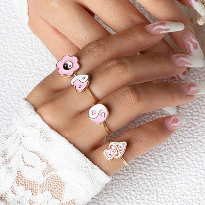 4 Pcs/Set Pink Yin & Yang Heart Rings