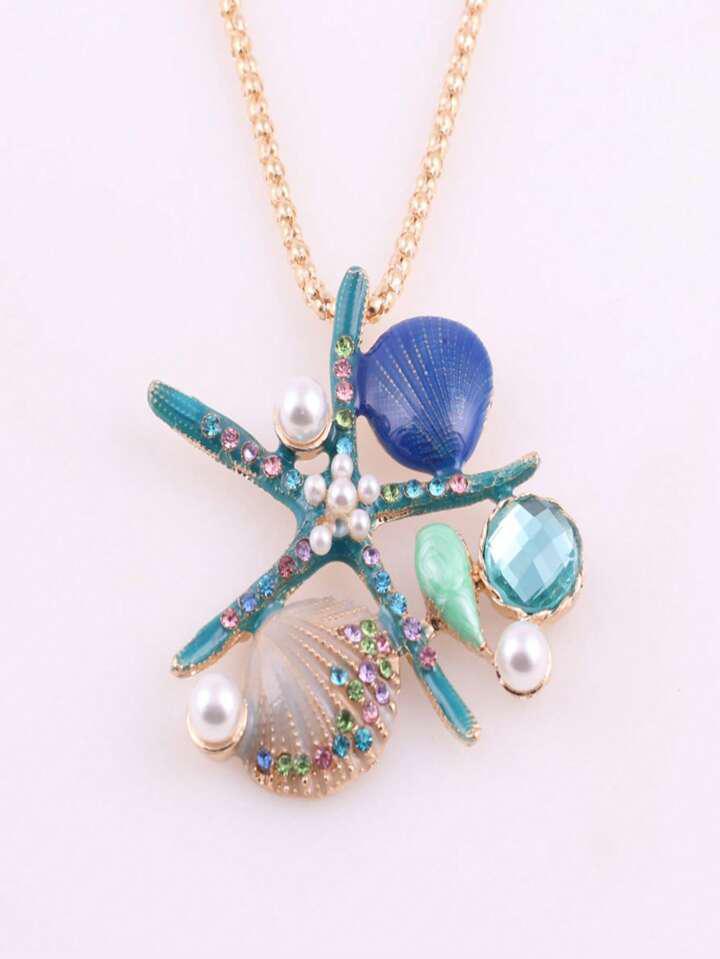 Teal Starfish & Shell Rhinestone Necklace