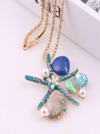 Teal Starfish & Shell Rhinestone Necklace