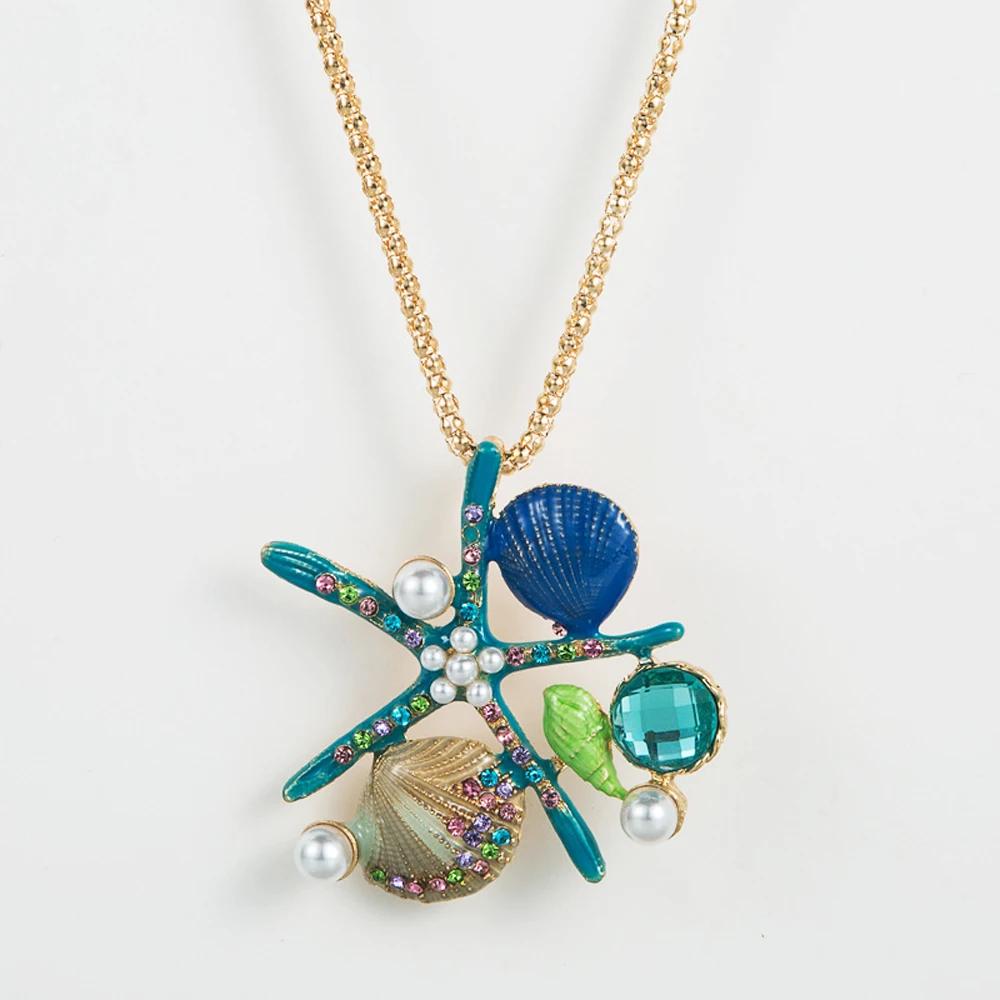 Teal Starfish & Shell Rhinestone Necklace