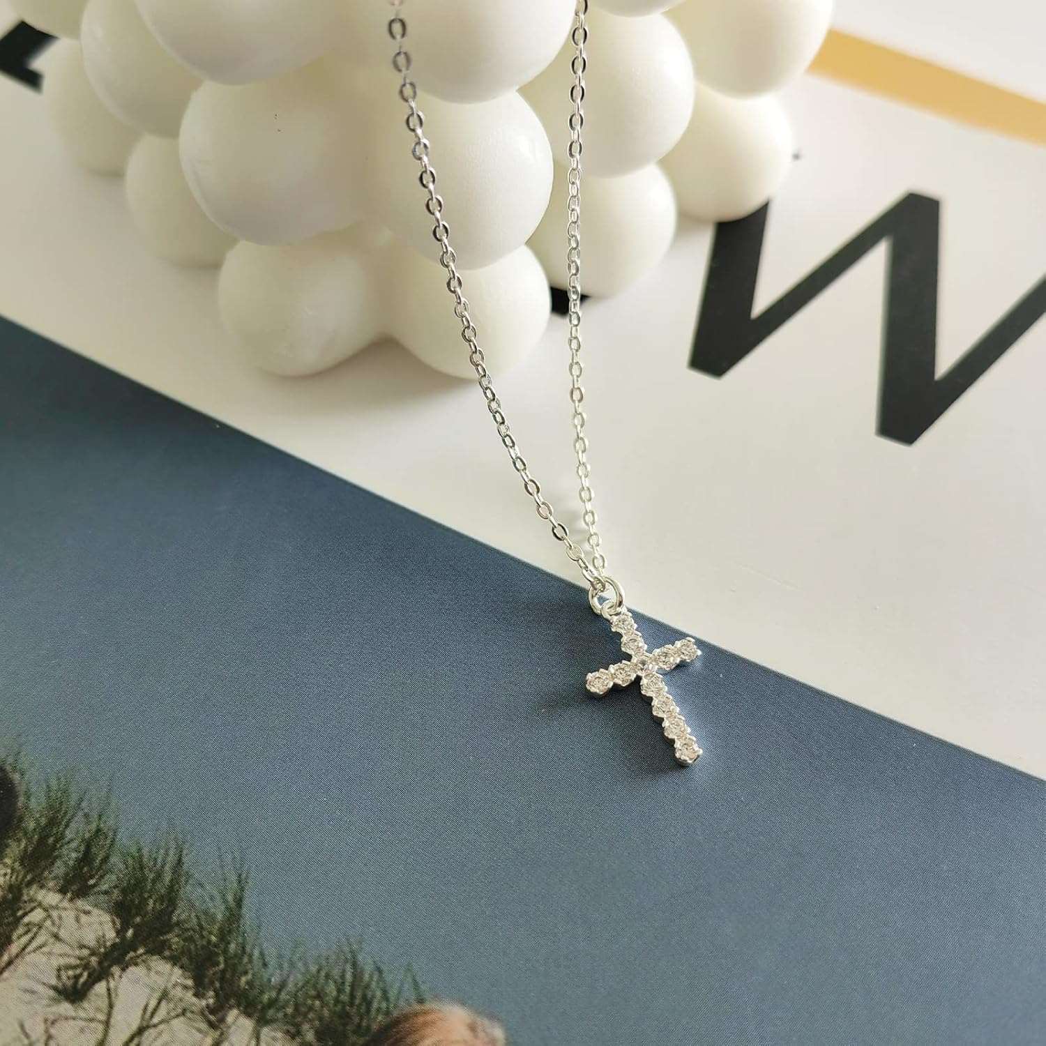 Silver Zircon Star Cross Necklace