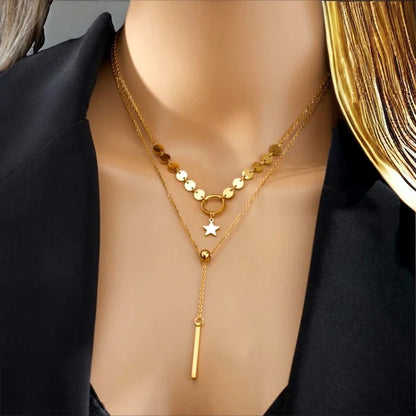 Stainless steel star drop long gold necklace