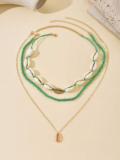 3pcs/Set Colored Rice Beads Clavicle Chain Seashell Necklace