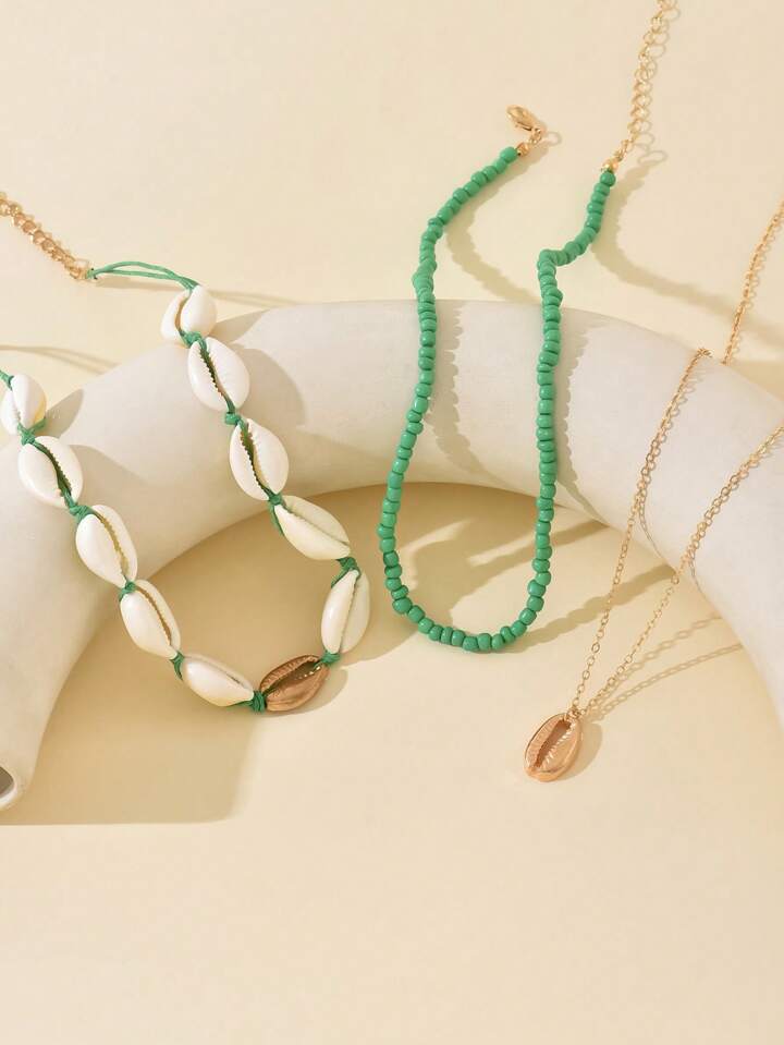 3pcs/Set Colored Rice Beads Clavicle Chain Seashell Necklace