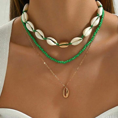 3pcs/Set Colored Rice Beads Clavicle Chain Seashell Necklace