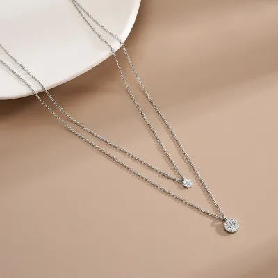 Sterling Silver Trendy Double Layer Necklace with Full Zircon Round Pendants