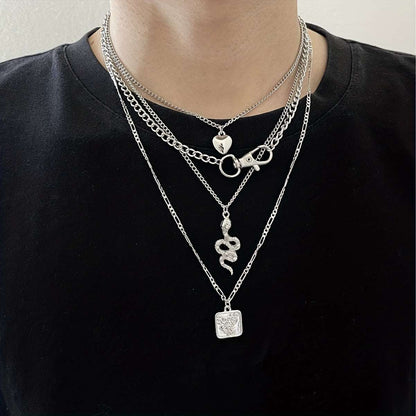 4pcs Men’s Snake & Heart Charm Necklace Set