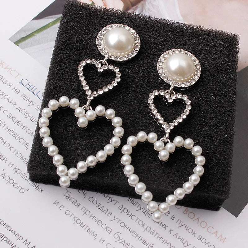 Gold Pearl Heart Drop Earrings