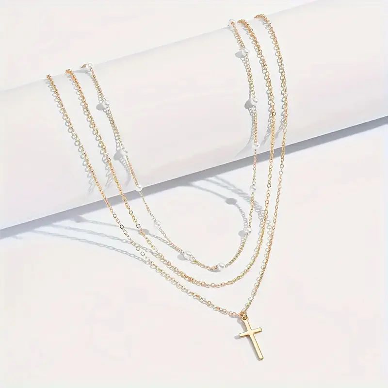 Multi-Layered Clavicle Chains with Cross Pendant