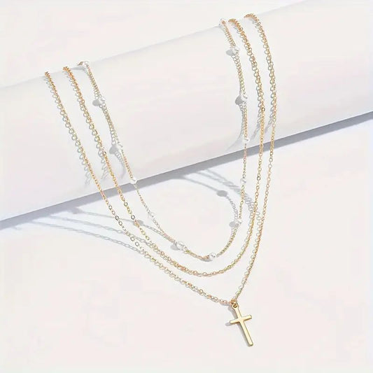 Multi-Layered Clavicle Chains with Cross Pendant