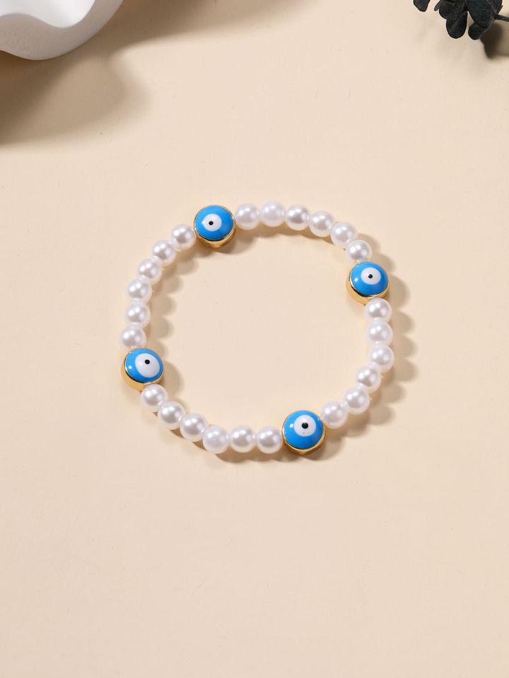 Faux Pearls Beaded Bracelet with Devil's Eye Pattern