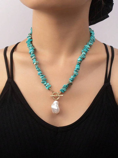 Turquoise Beaded Necklace with Pearl Charm