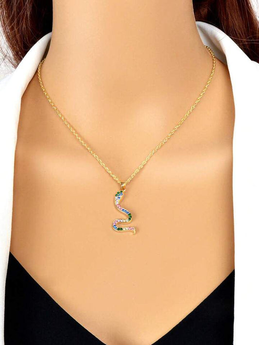 Delicate Gold Chain with Colorful Rhinestone Snake Pendant