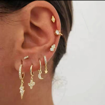 Rhinestone Lightning Drop Stud And Ear Cuff Earring Set - Gold