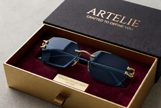 Artelie Rimless Sunglasses – Blue Tinted Geometric Lenses with Gold Hardware - My Store