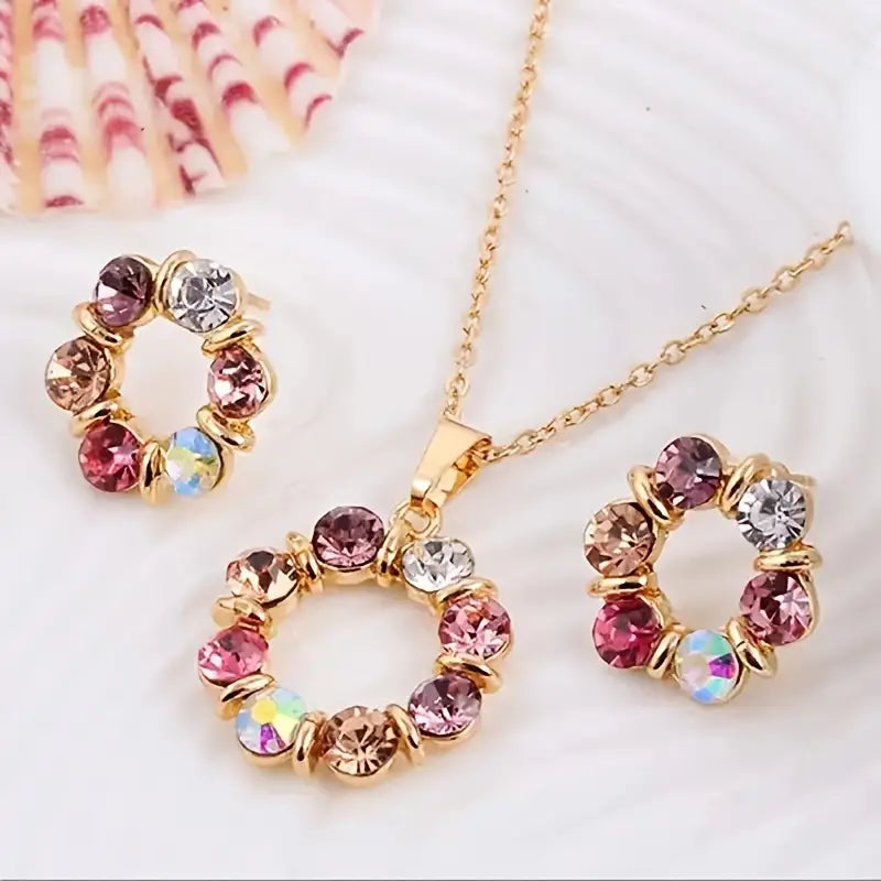 Floral Multi Color Rhinestone Earring Pendant Set